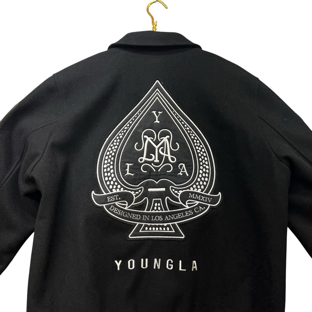 YoungLA Varsity Jacket Mens M Black Embroidered Snap Button Streetwear Coat